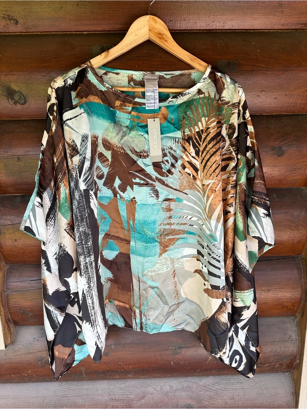 Chico's Teal, Brown & Cream Botanical Top